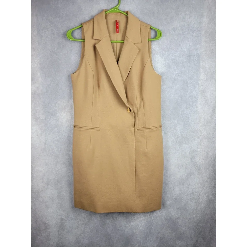 SPANX Sleeveless Blazer Dress Camel Tan Notch Lapel Single‎ Button